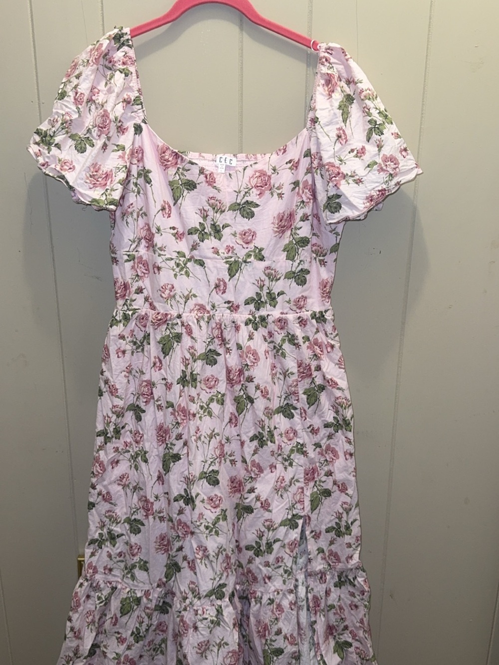 TCEC Pink Floral Midi Dress with Green Leaf Print - Picture 2 of 5
